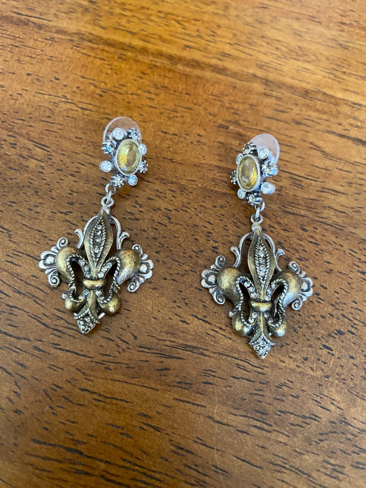 Sweet Romance French Fleur De Lis Earrings Burnished Silver & Bronze & Crystals