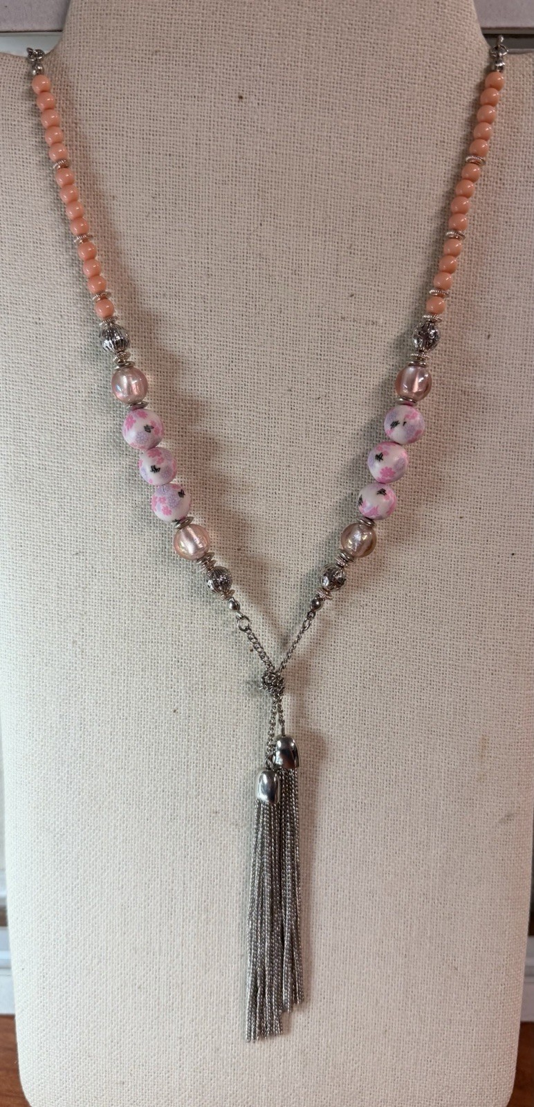 32” Ruby Rd Silver Tone Tassle Necklace With Coral And Pink Clay Beads