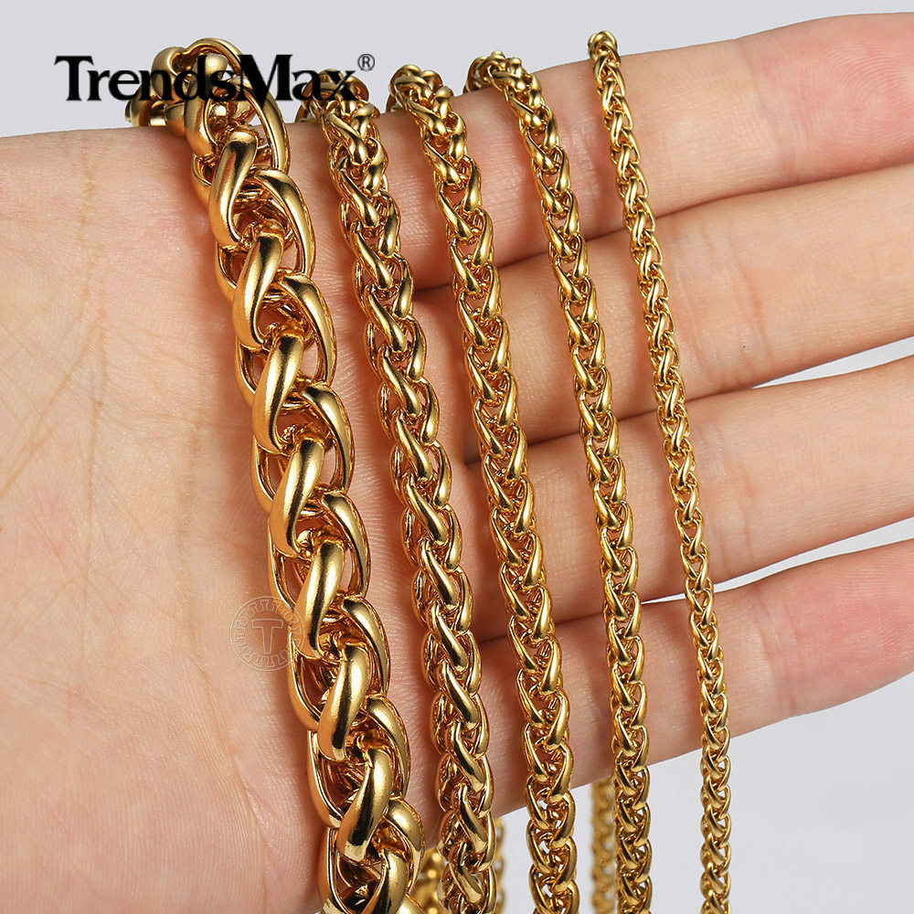 18K Gold Plated Stainless Steel Wheat Braided Chain Necklace Jewelry 3mm – 9.5mm