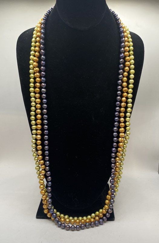 Multi-Color Freshwater Pearl Necklace Set of 3 Long 35″ Strands 7mm-8.7mm 228g