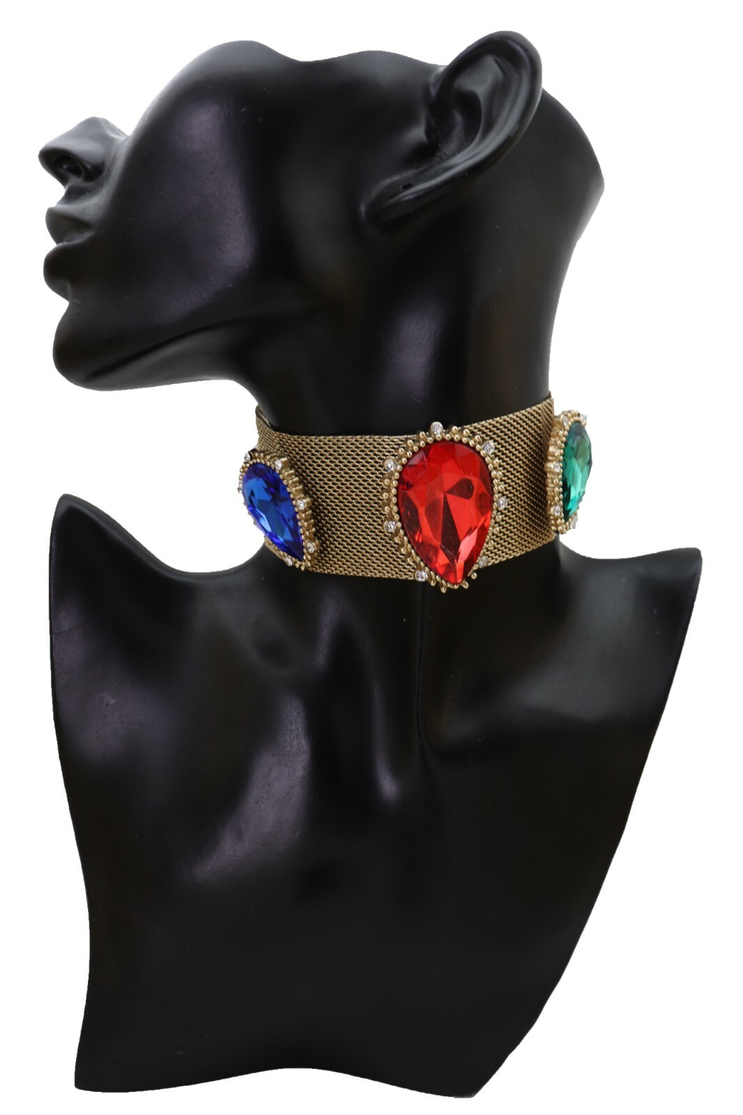 NEW Women Jewelry Gold Mesh Metal Choker Band Necklace Red Blue Green Crystals