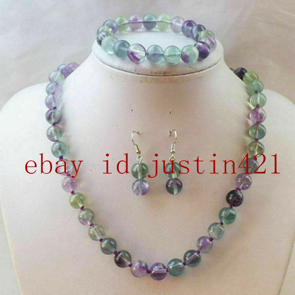Natural 8/10mm Multicolor Fluorite Gemstone Beads Necklace Bracelet Earrings Set