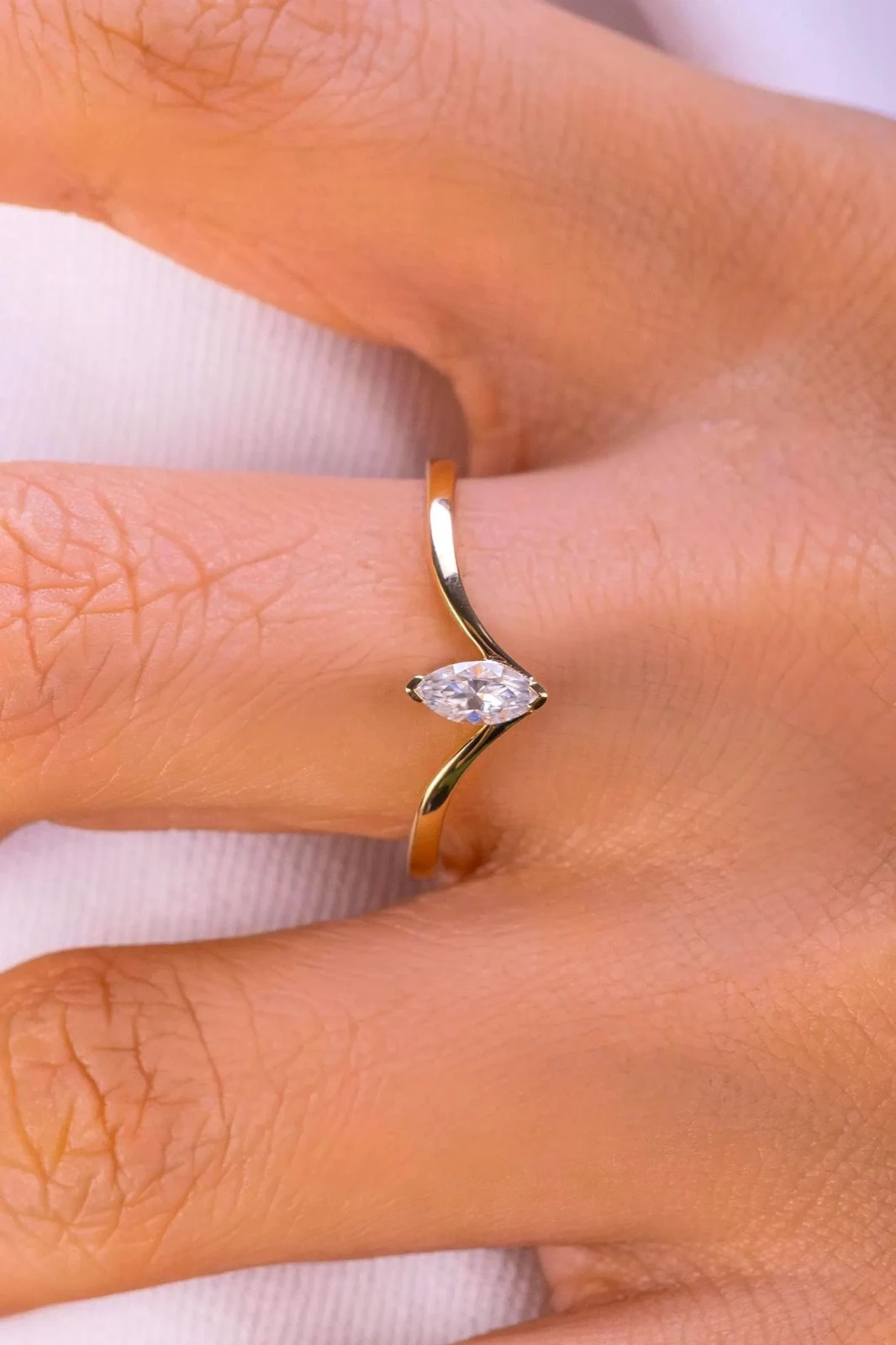 1 Ct Marquise Cut Simulated Diamond “V” Shape Ring 14k Yellow Gold Plated Silver