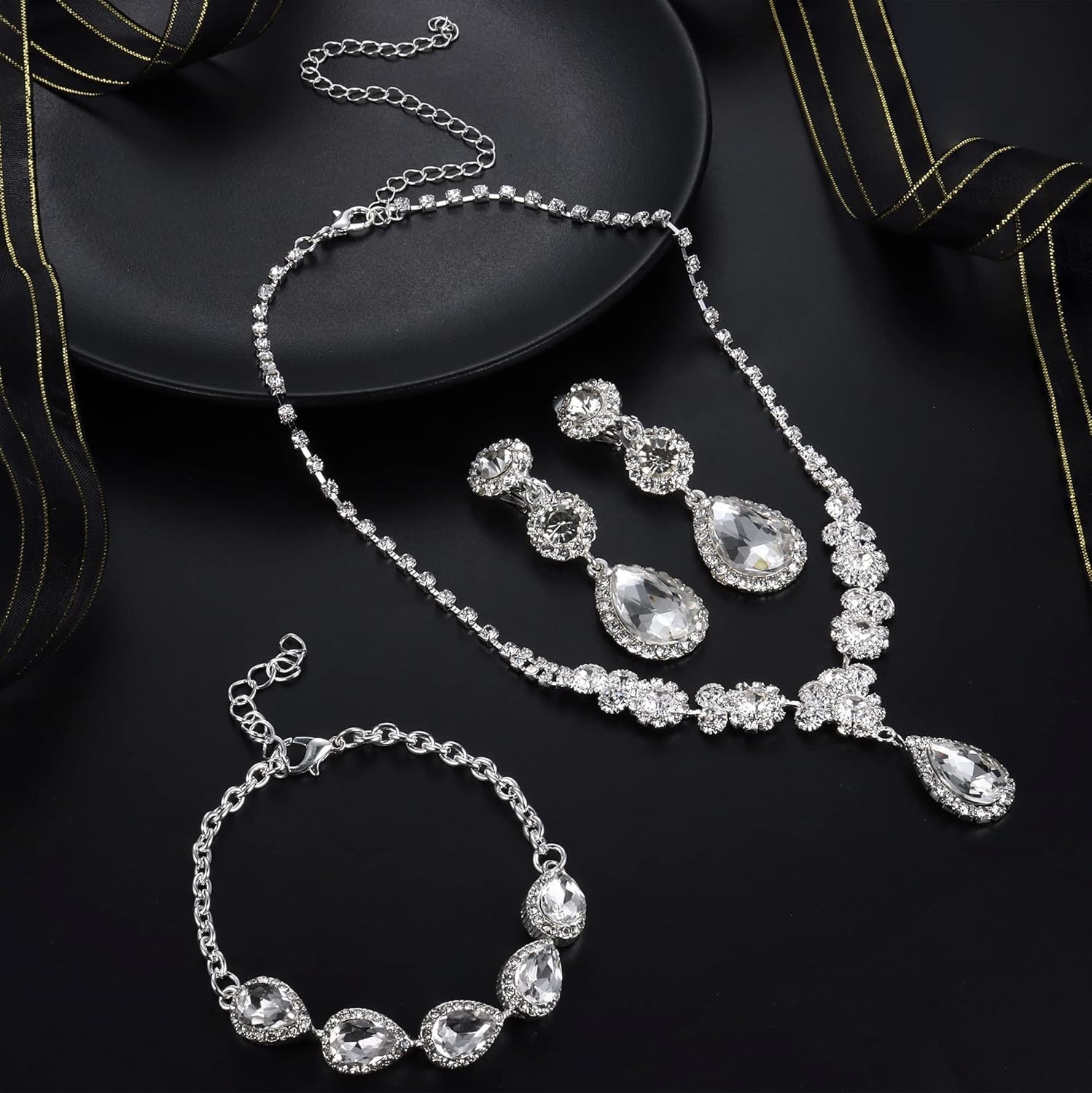 Rhinestone Bridal Jewelry Set Necklace Bracelet Clip On Earrings for Brides B…