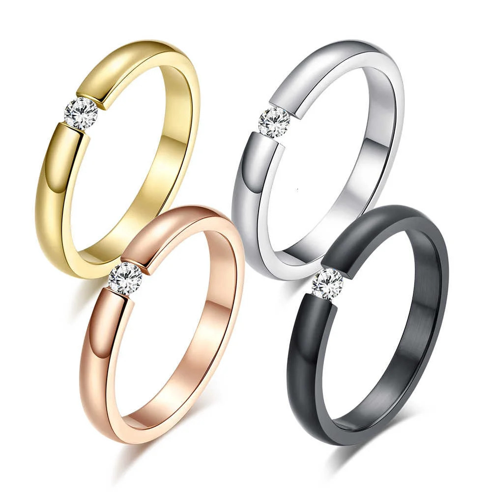 Stainless Steel Ring Simulated Zirconia 3mm Thin Solitaire Engagement Jewelry