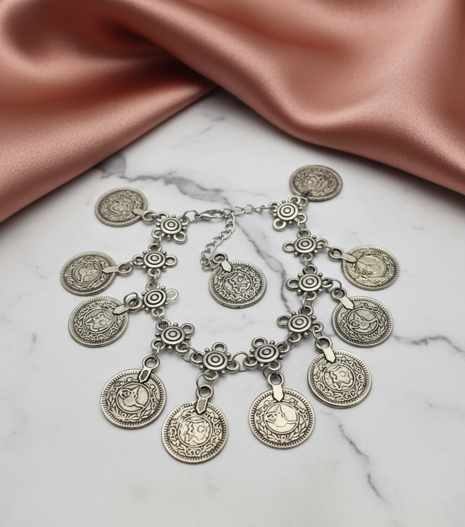Boho Ottoman Style Coin Charm Bracelet Silver Tone Dangle 7 To 9.5 In Adjustable