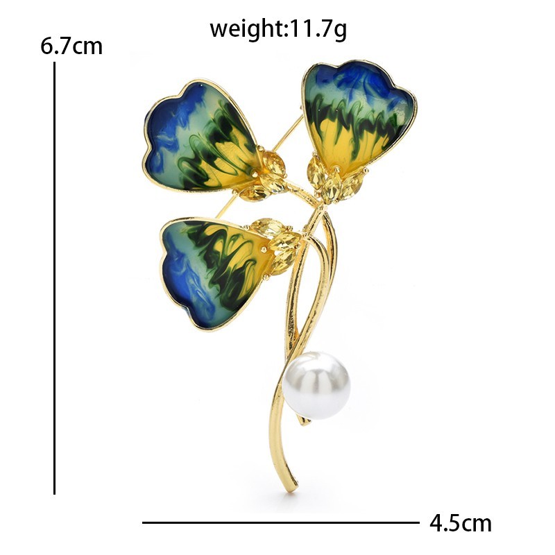 Enamel Flower Brooch Pin Blue Yellow Pearl Accent Floral Jewelry Accessory