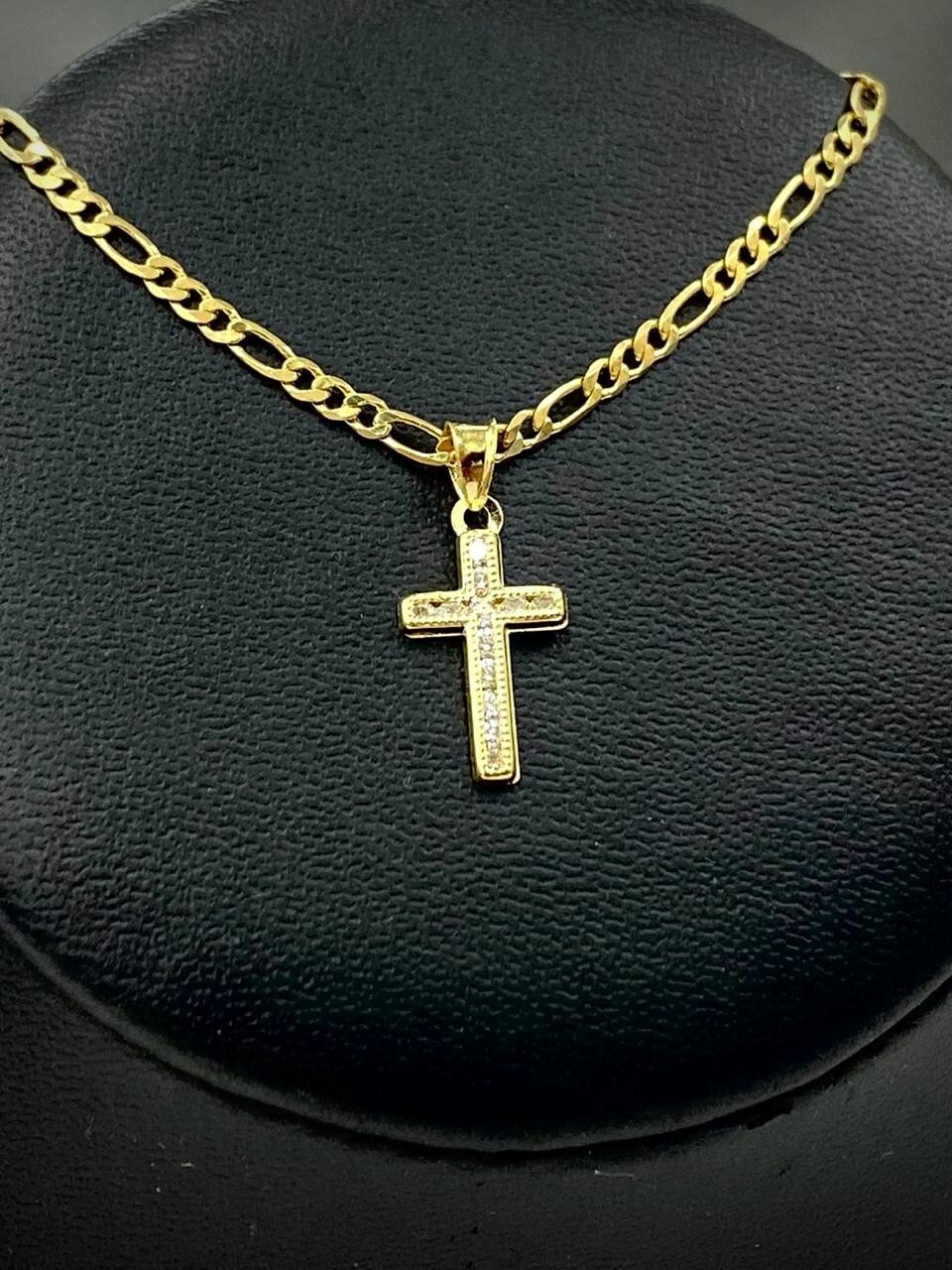 Men Women Cross CZ Pendant 14k Gold Filled Figaro Chain Necklace Baby Kids 17×10