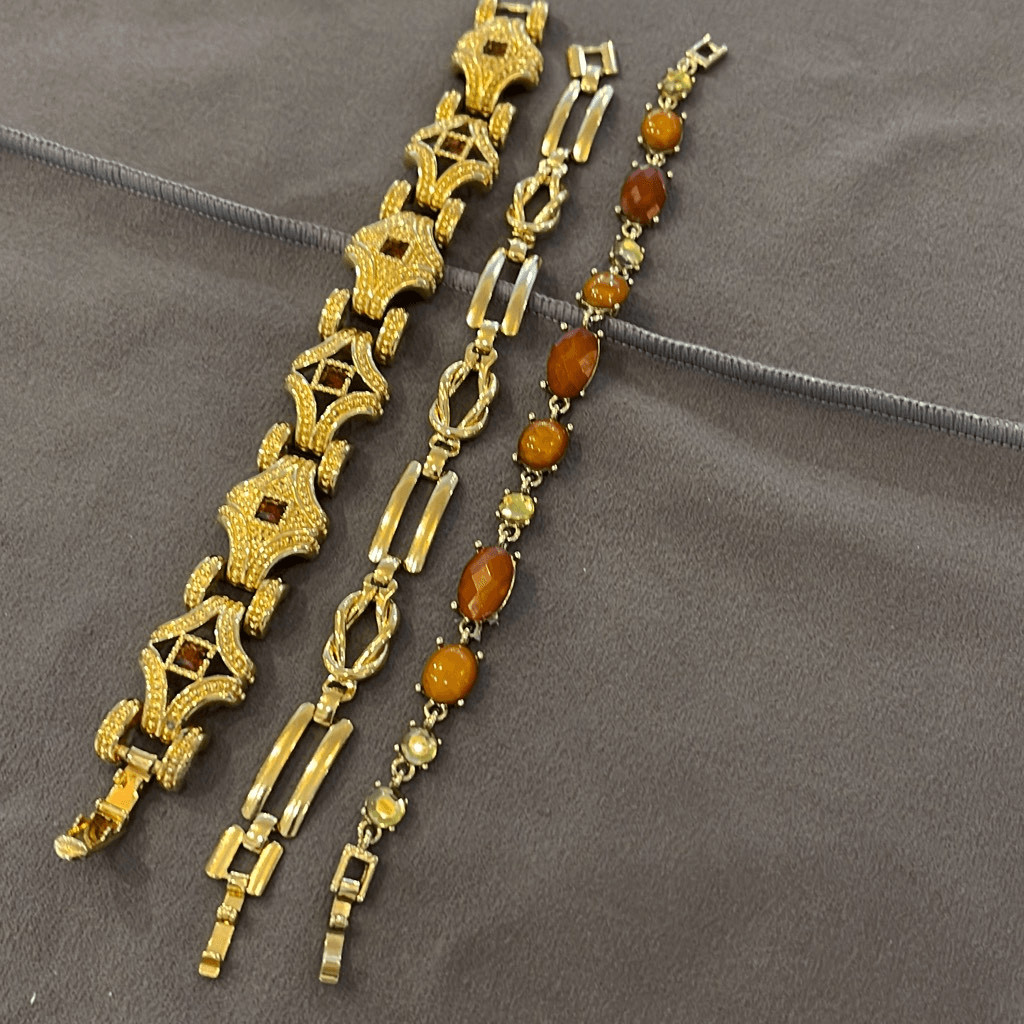 Set of 3 Womens Fold Over Clasp Citrine Embellished Bracelets Goldtone