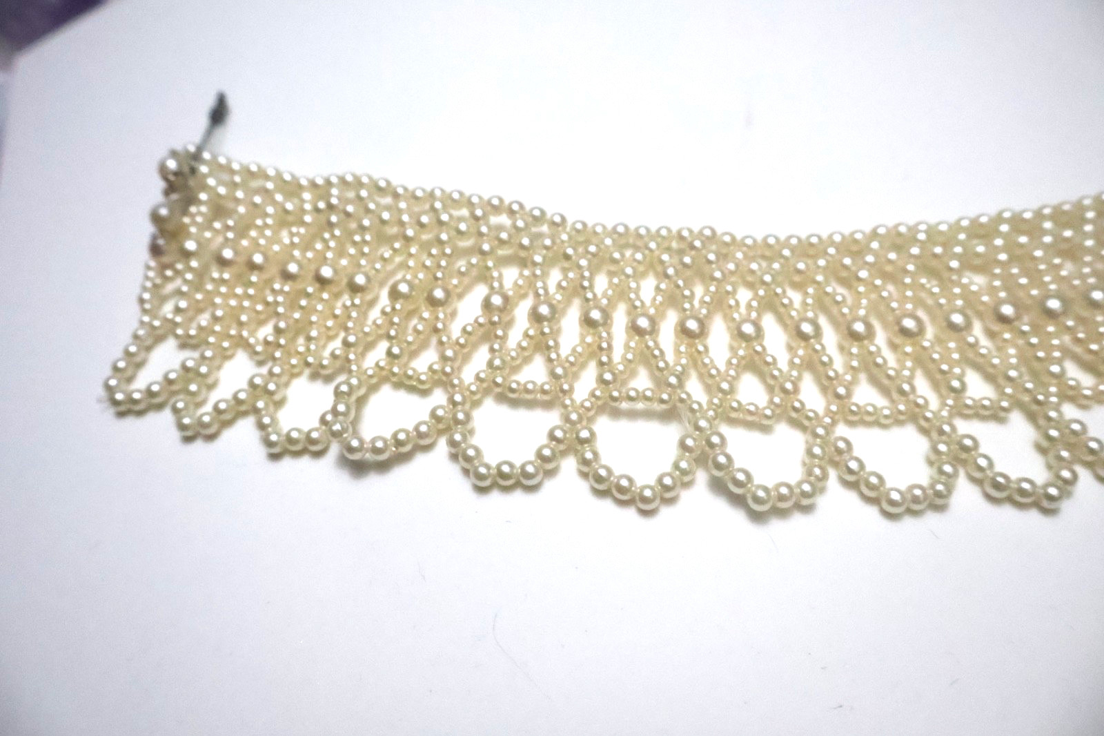 Vintage Faux Pearl Woven Lace Bib Collar Necklace Choker Multi-Strand Seed Pearl