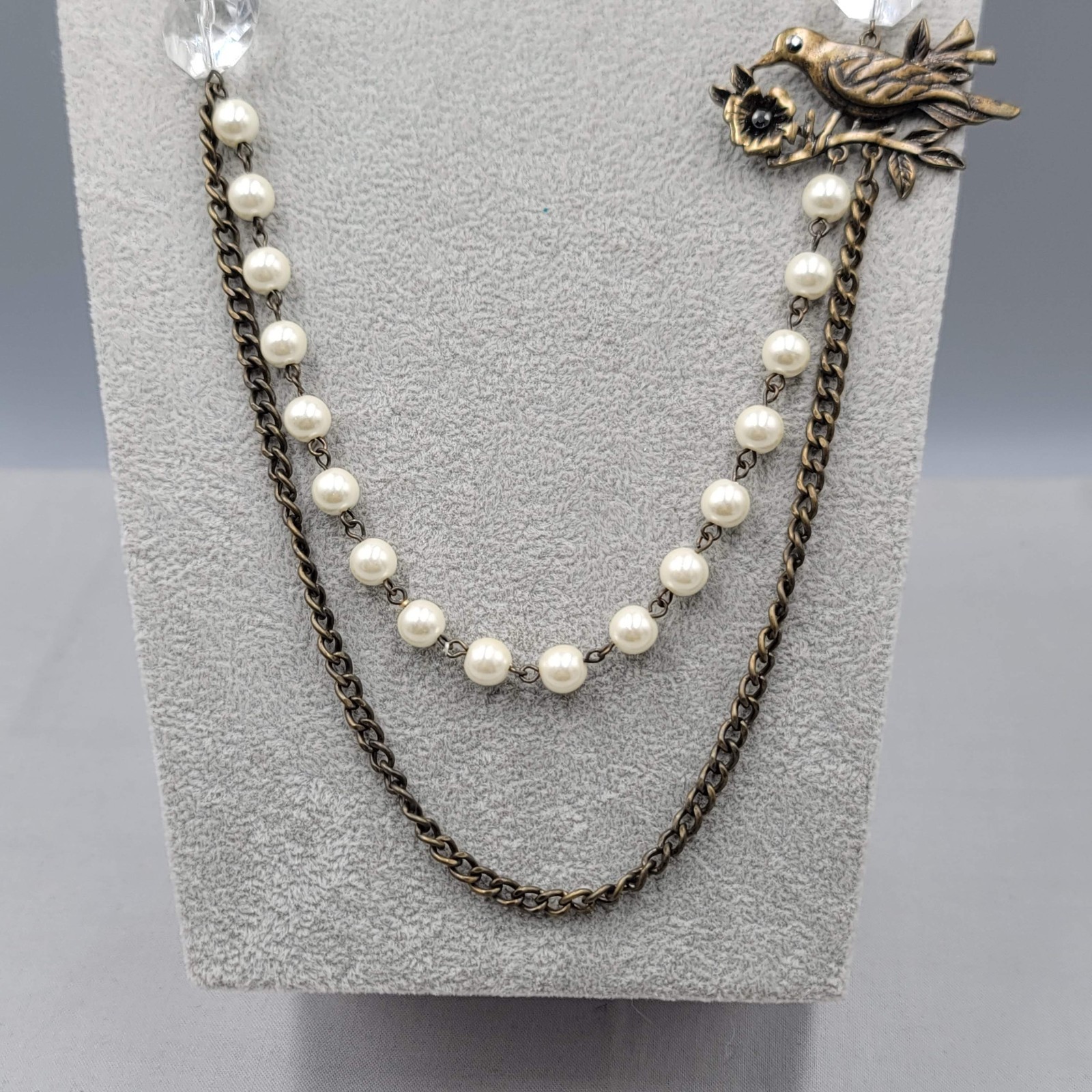 Embossed Metal Bird White Bead Necklace Bronze tone Chain 32″