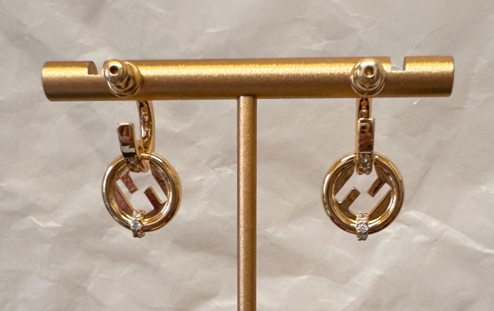 Fendi Gold Tone FF Logo Crystal Hoop Earrings Small Drop # 548