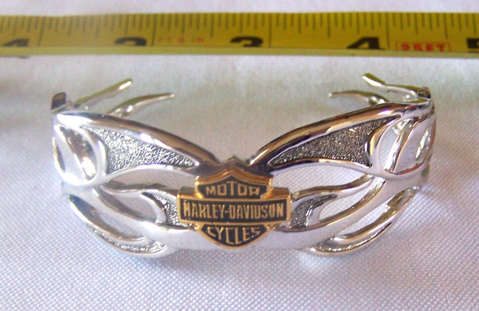 Harley Davidson Franklin Mint 925 Sterling Silver Flame Cut Logo Cuff Bracelet