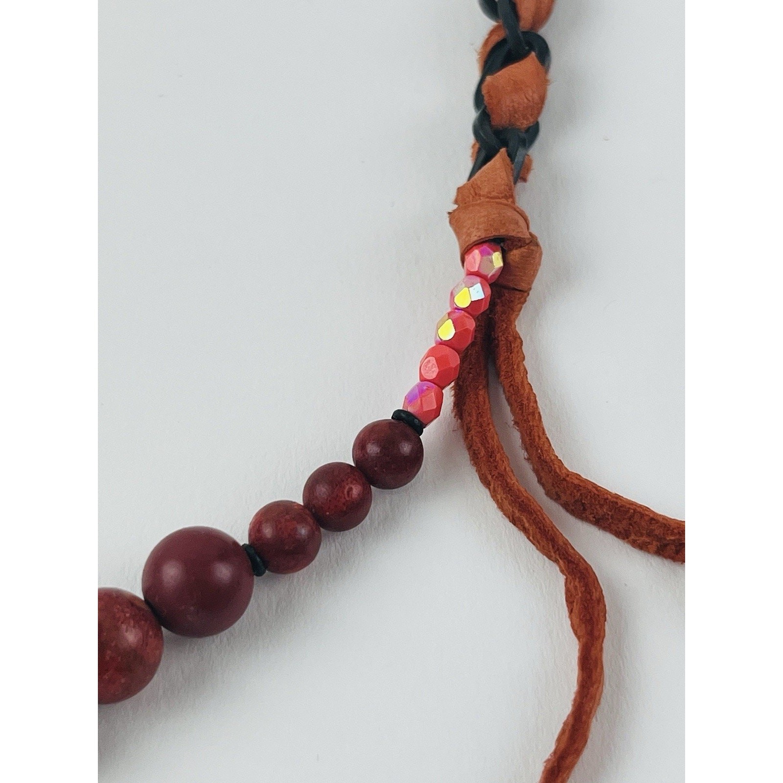 Annie Costello Brown necklace Orange Suede Leather Beaded Twisted Lariat Y Drop