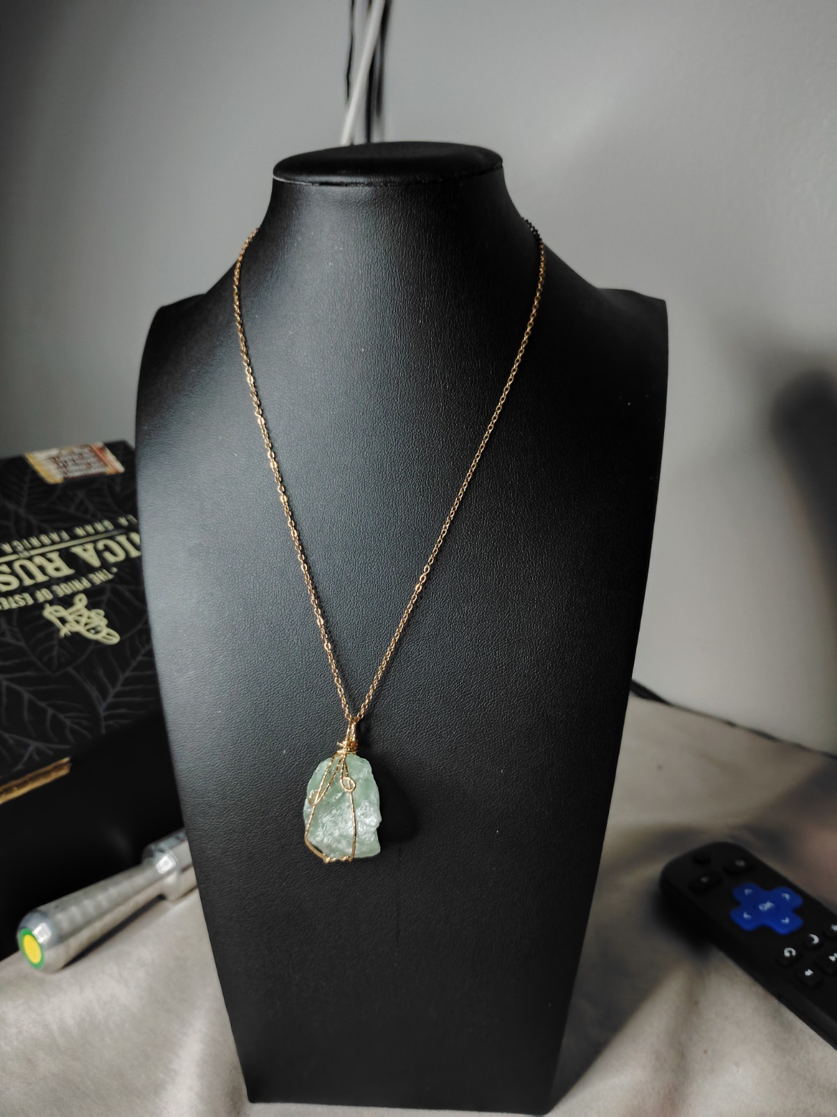 Gold Tone Cable Chain Necklace Wire Wrapped Rough Green Stone Charm Pendant