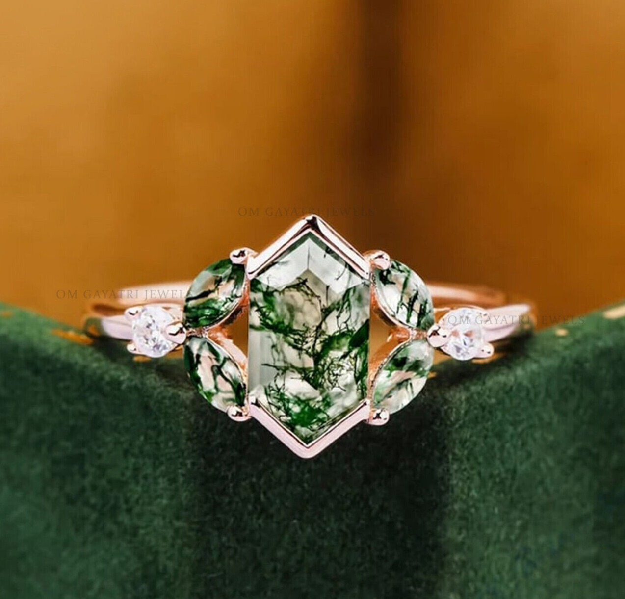Natural Moss Agate Hexagon Cut Sterling Silver Engagement Ring For Her- All Size