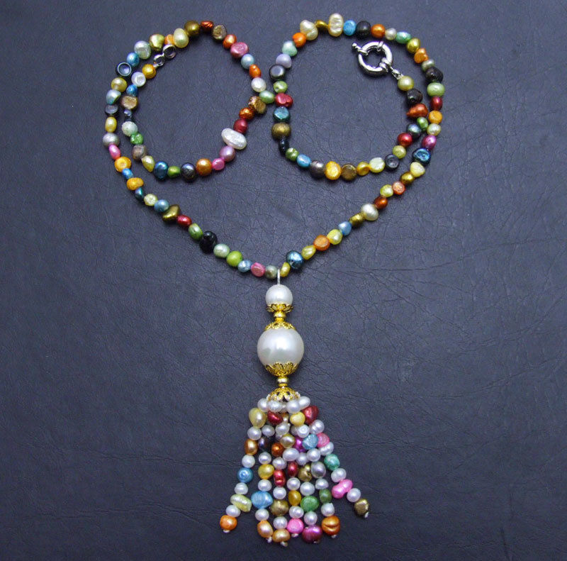 4-5mm Multicolor Baroque Natural Pearl Tassel Pendant & Necklace for Women 20”
