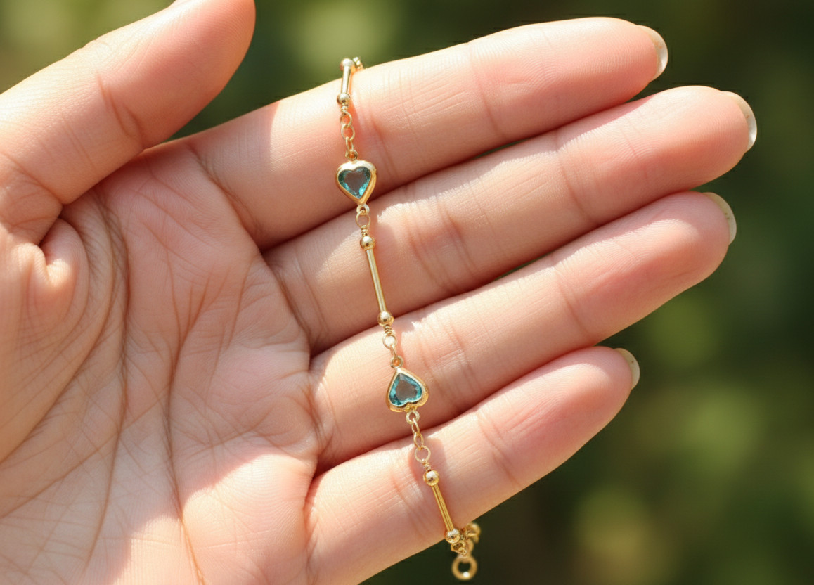 Elegant Gold Tone Heart Anklet 14K Gold Plated Designer Anklet with Emerald