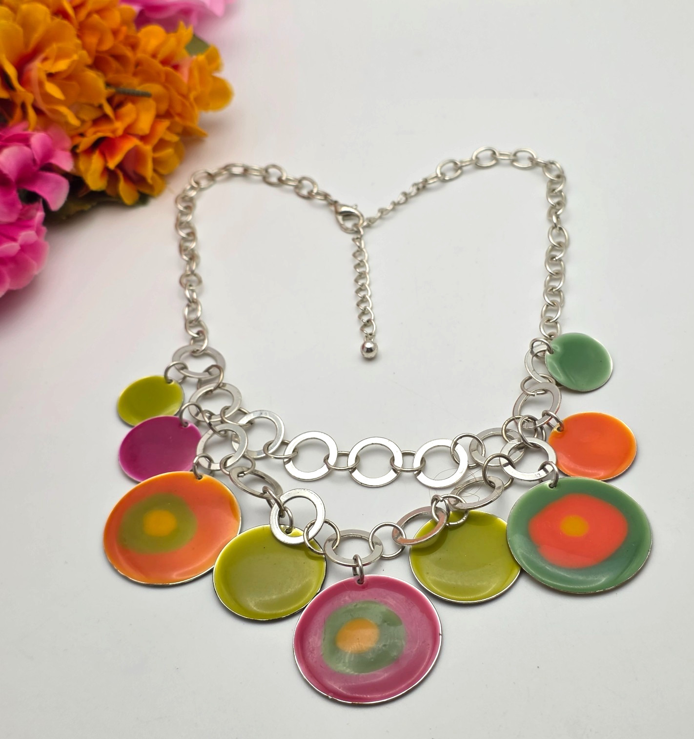 Colorful Enamel Circle Charm Necklace Silver Tone Layered 19 in adj.