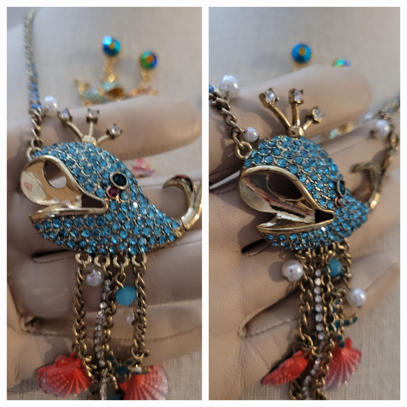 Vintage Betsey Johnson Blue Crystal WHALE Pendant w/Match Earrings Ocean BEACH