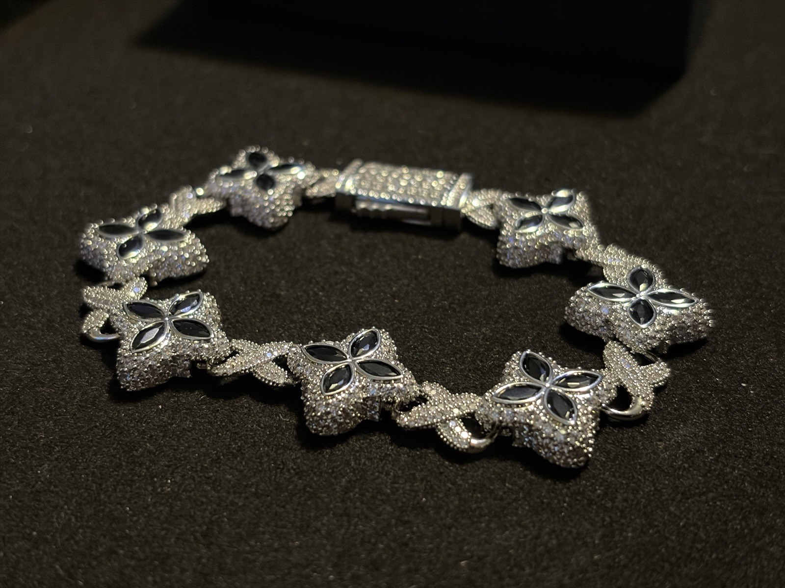 925 SILVER MOISSANITE VVS Silver-Tone Flower Link Chain Bracelet 7.5 INCH NEW