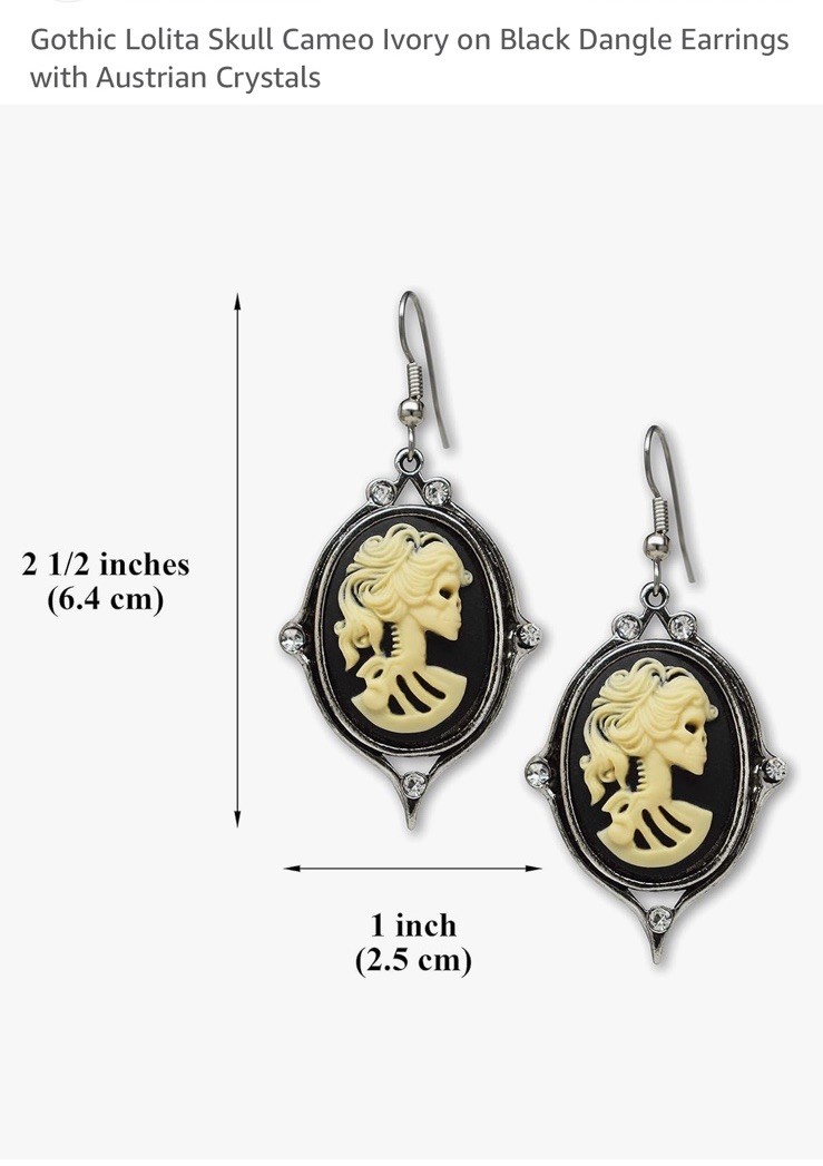 Lolita Skull Cameo Ivory on Black Dangle Earrings with Austrian Crystals