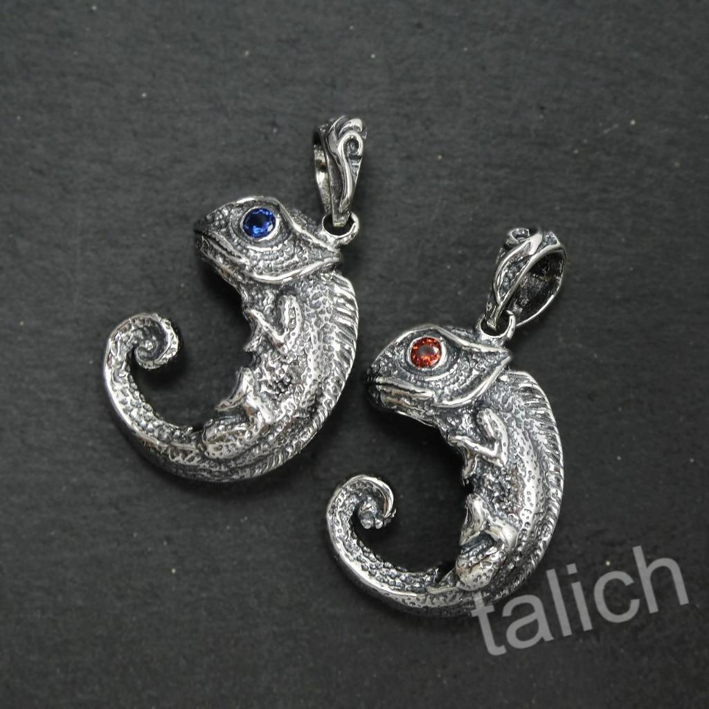925 Sterling Silver Chameleon Lizard Pendant with Red or Blue CZ Eyes Unique