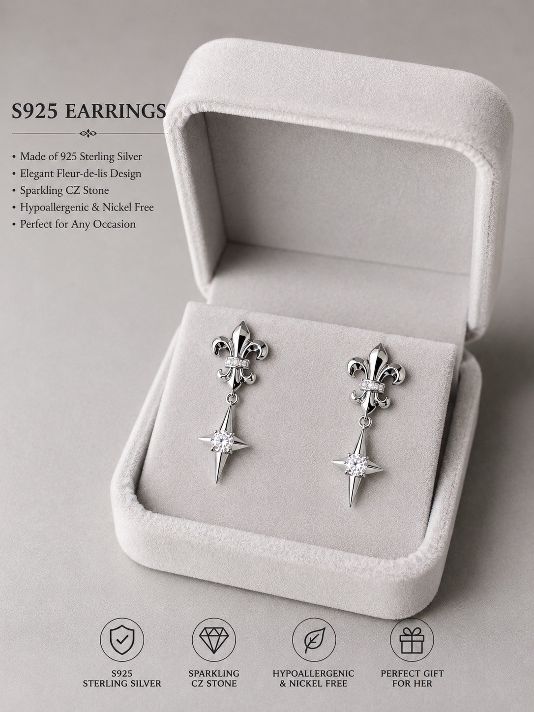 S925 Sterling Silver Fleur-de-Lis Star Drop Earrings | CZ Dangle Earrings