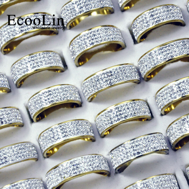 20Pcs Wholesale Gold Silver Color Full Rhinestones Stainless Steel Rings Jewelry