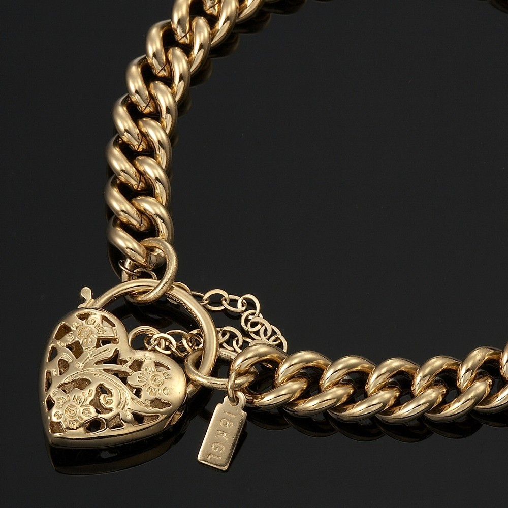 18K GL Solid Curb Gold Bracelet with Filigree Heart Padlock