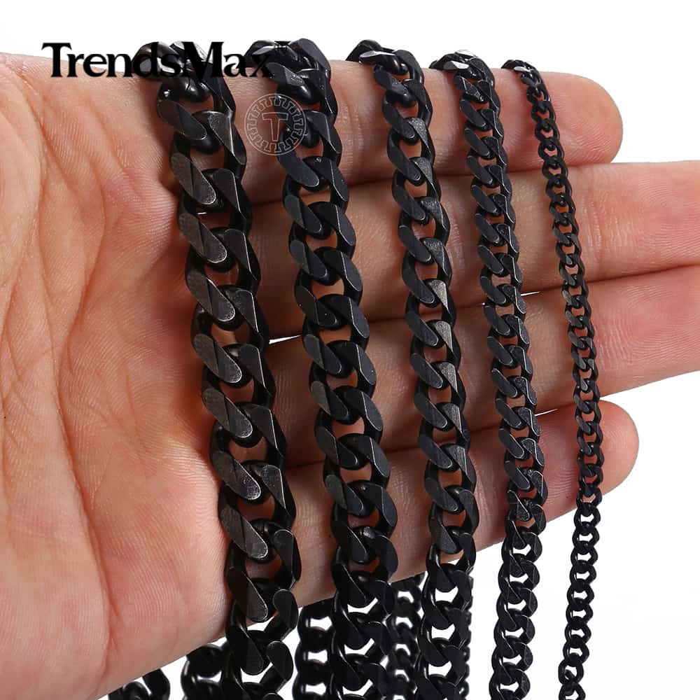 3/5/7/9/11mm 18-34″ Black Stainless Steel Necklace for Men Boys Curb Cuban Chain
