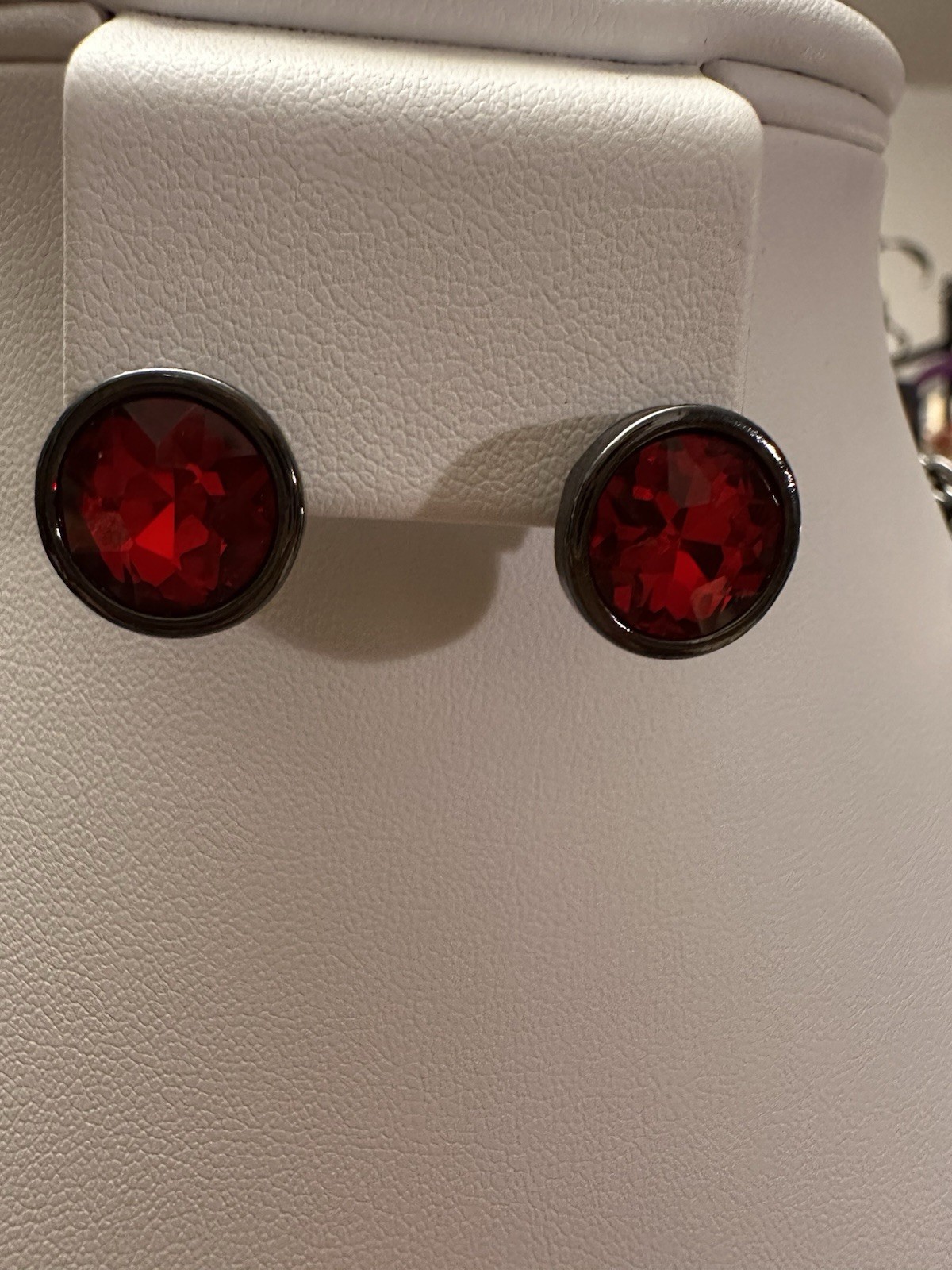 NWT Statement Necklace & Post Back Earrings black Metal and Red Glass