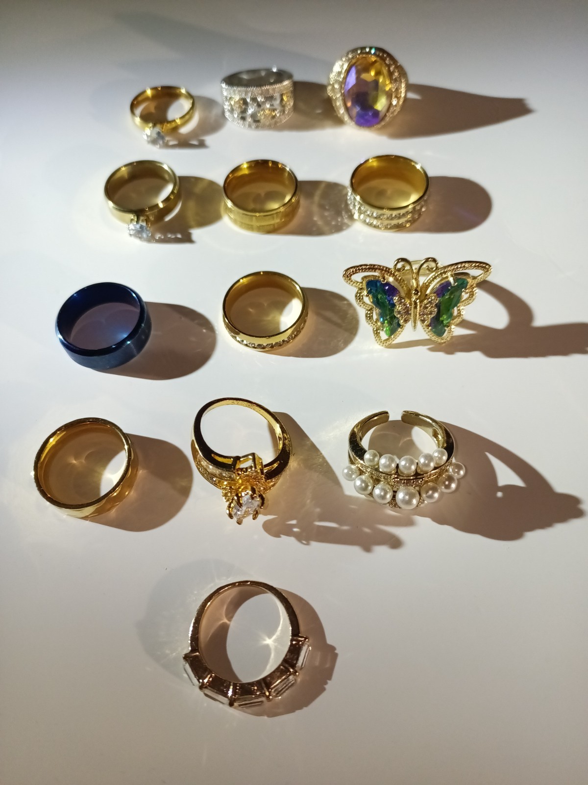 13 Pc Mixed Style Fashion Rings Lot Gold Silver Blue Rhinestone Pearl Butterfly