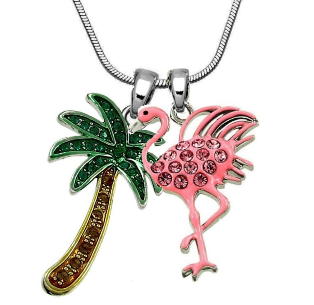 Pink Flamingo Palm Tree Pendant Necklace Gift Boxed Fashion Jewelry