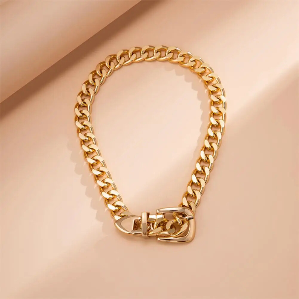 Women’s Belt Buckle Cuban Chunky Choker Necklace Silver Gold 88-1