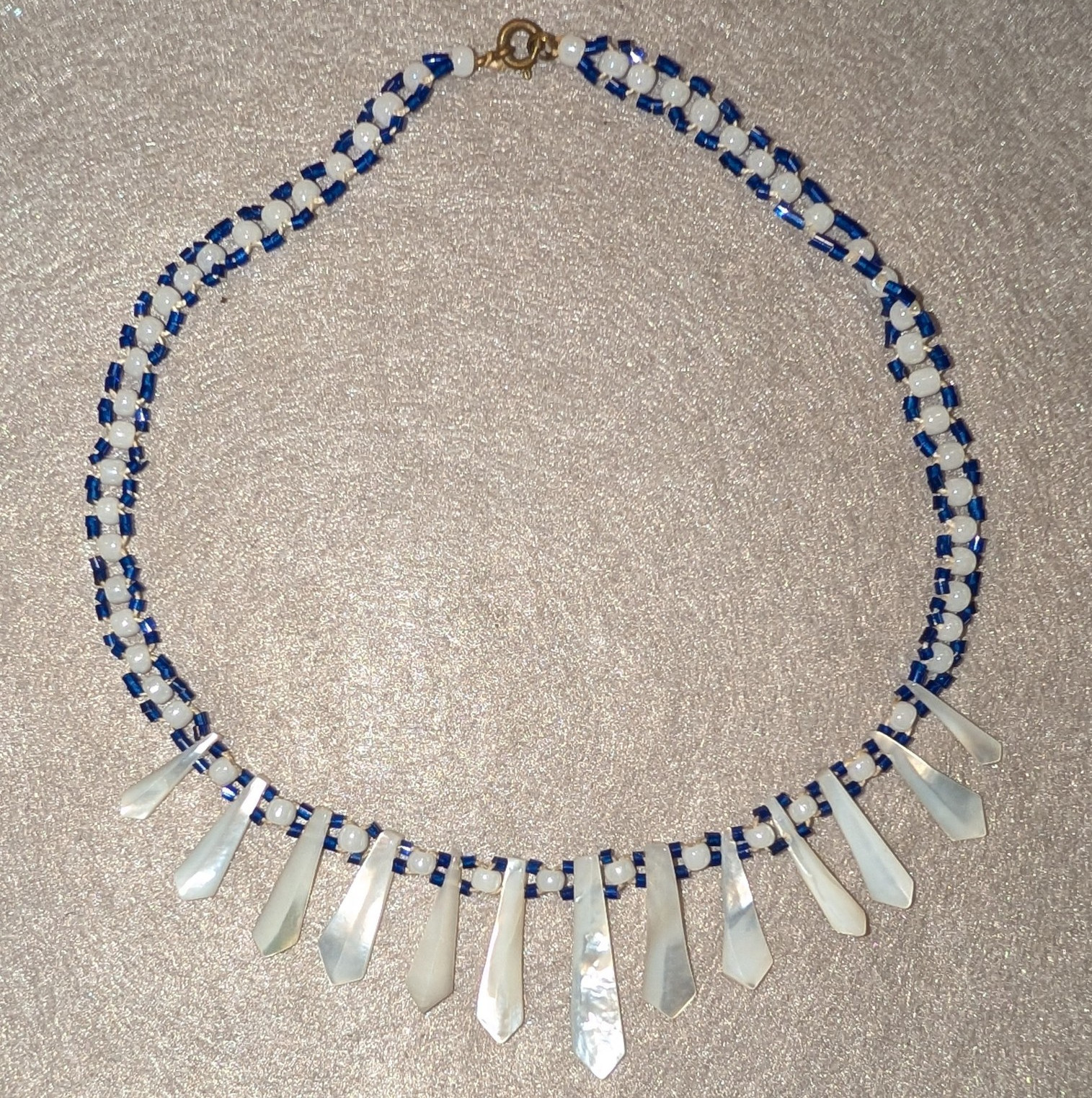Blue White Beaded Shell Fringe Necklace Hook Closure White Baguette Shell