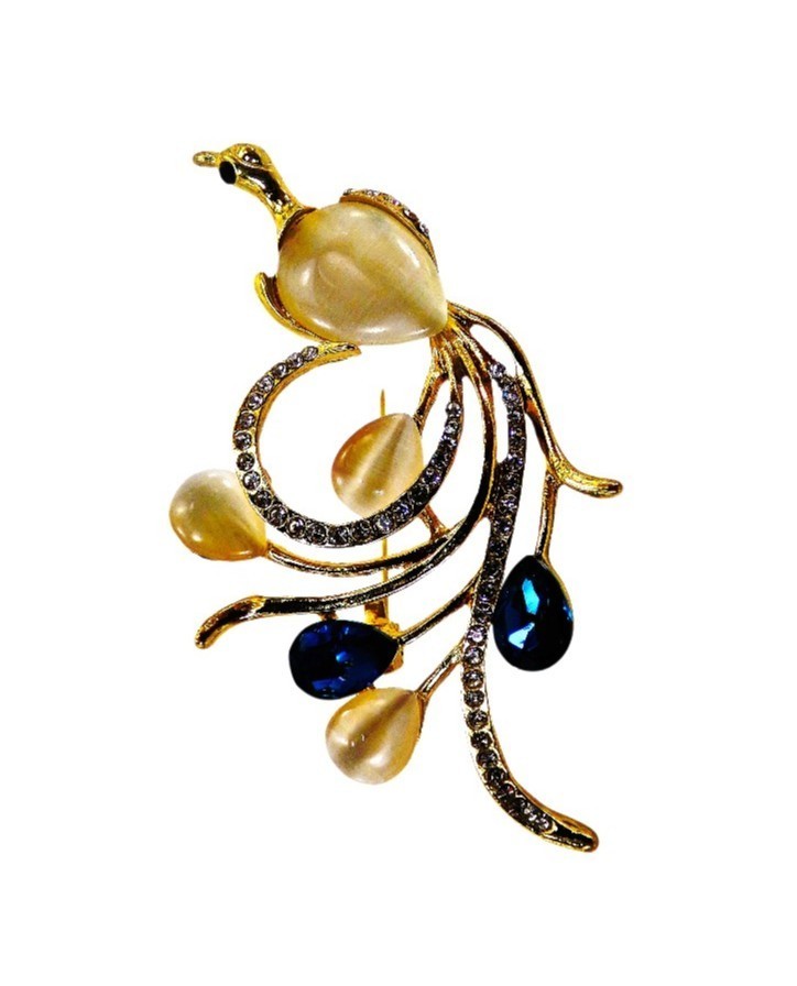 Swan Pin Brooch with white cat eye, blue and clear crystals, gold finish NEW