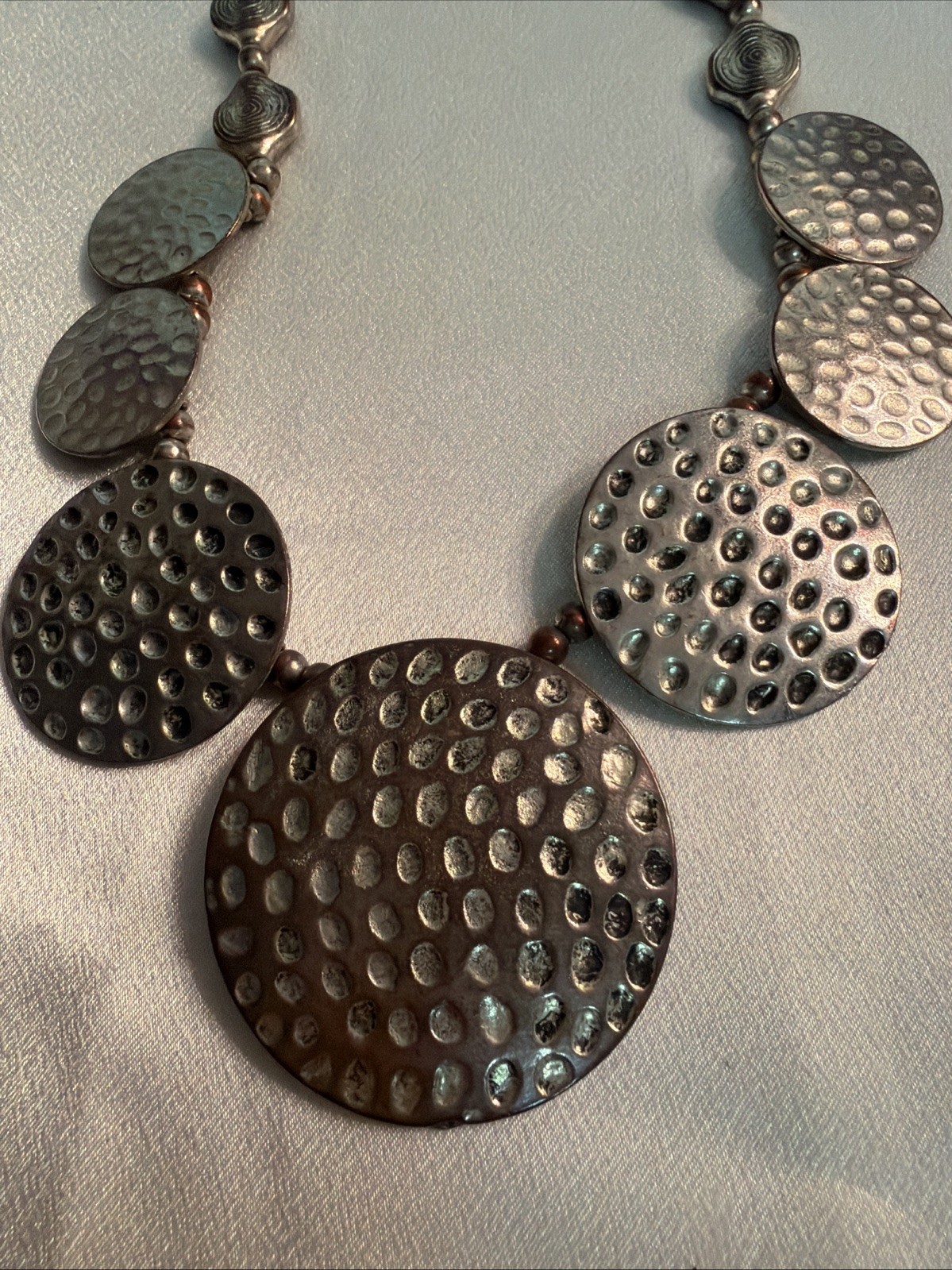 Retro Hammered Medallion And Beaded Necklace. 16 Inches Long Adjustable.