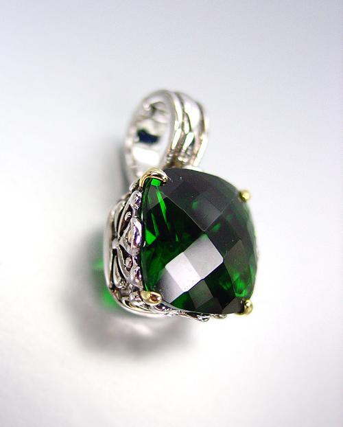 Designer Style Silver Gold Balinese Filigree Emerald Green CZ Crystal Pendant