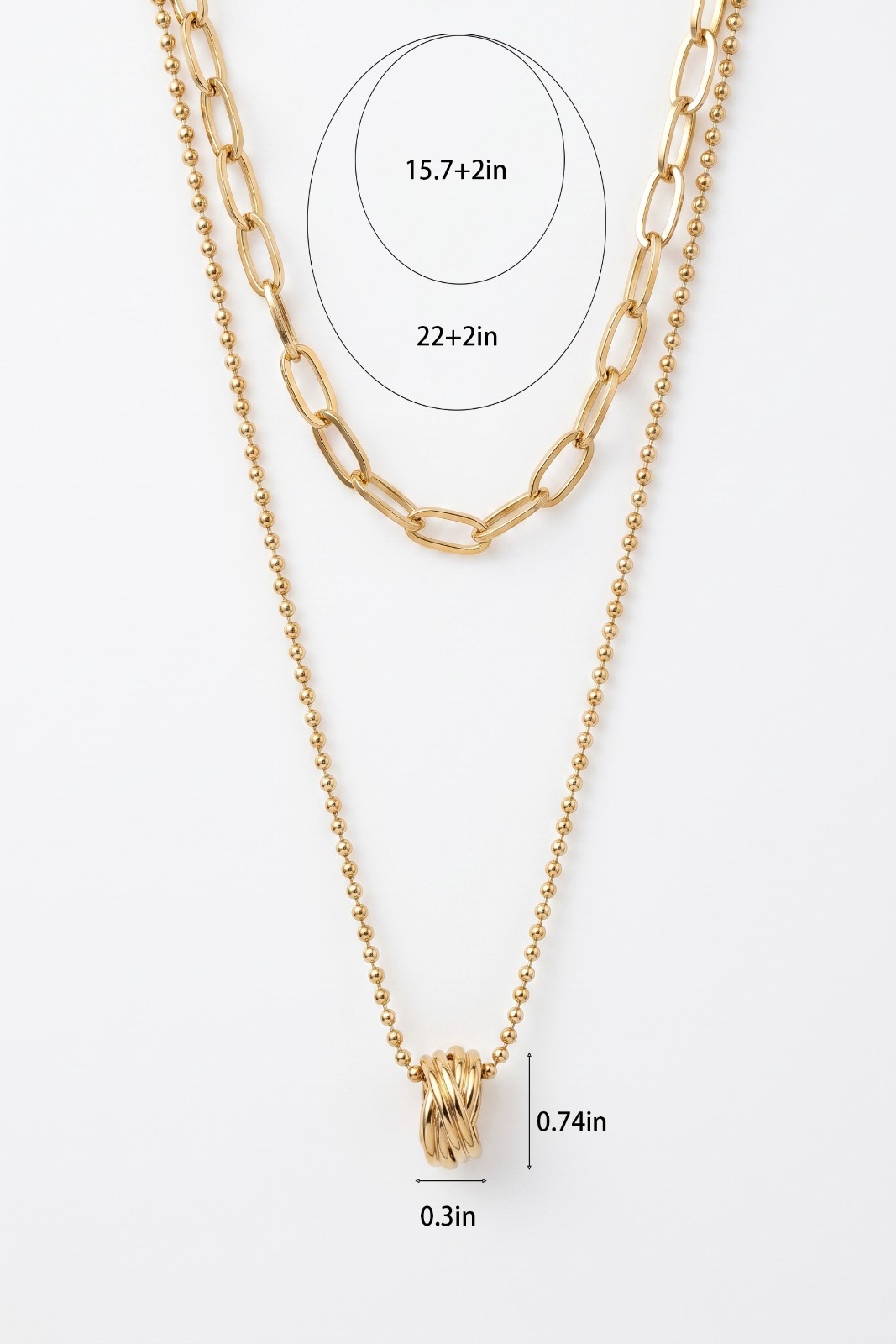 2Pcs Stainless Steel 18K Gold Plated Paperclip Ball Chain Knot Necklace Set