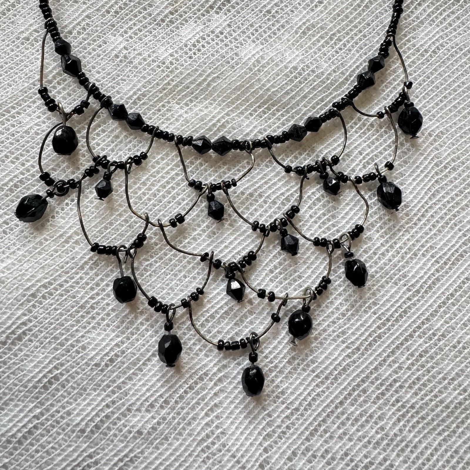 Y2K Vintage Black Beaded Bib Choker Necklace Statement Adjustable No Clasp Goth