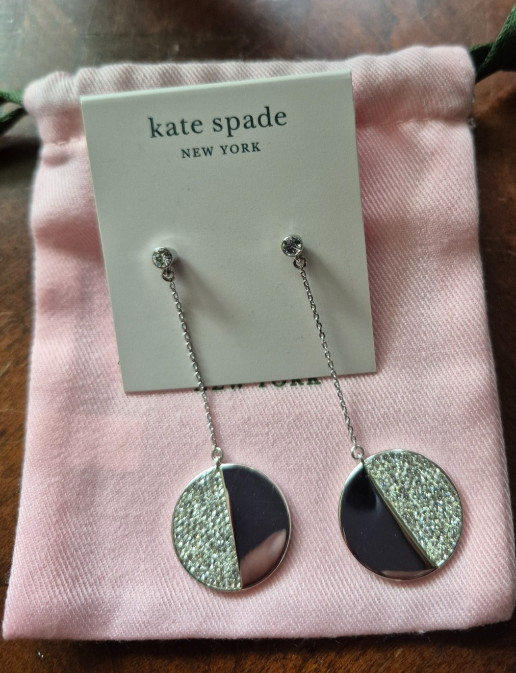 Kate Spade Scallop pave linear Mod round dangle earrings silvertone