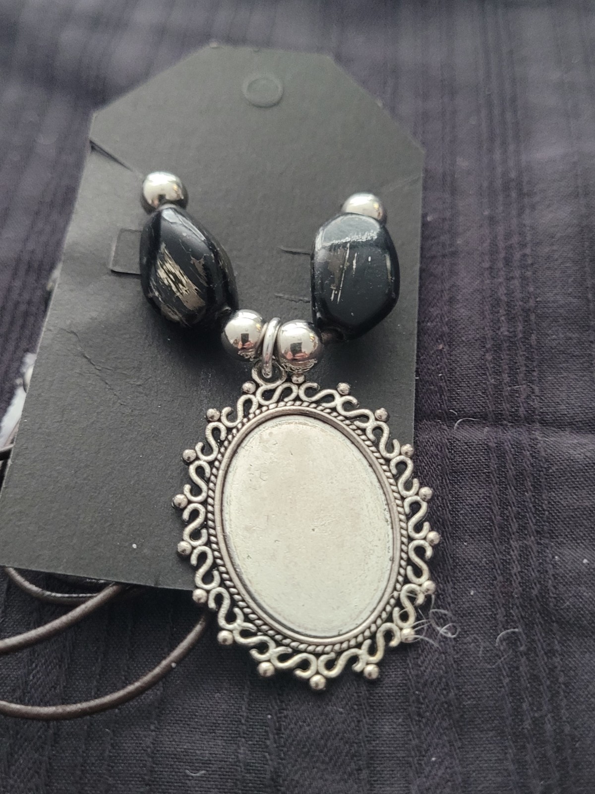 Silver Tone Blank Oval Pendant On A Cord Necklace, Black And Silver Beads