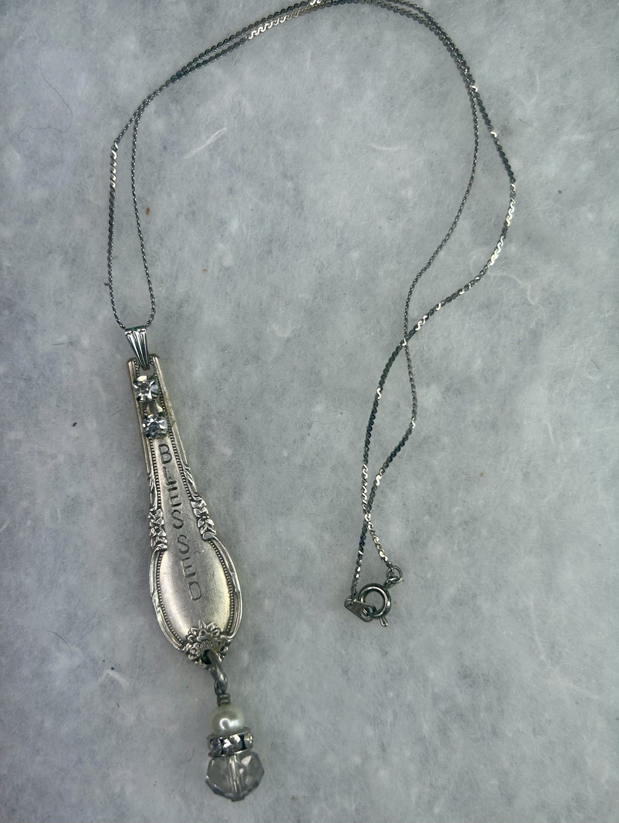 Vintage “Blessed” Spoon Handle Pendant Necklace (c. 1940s–1960s)