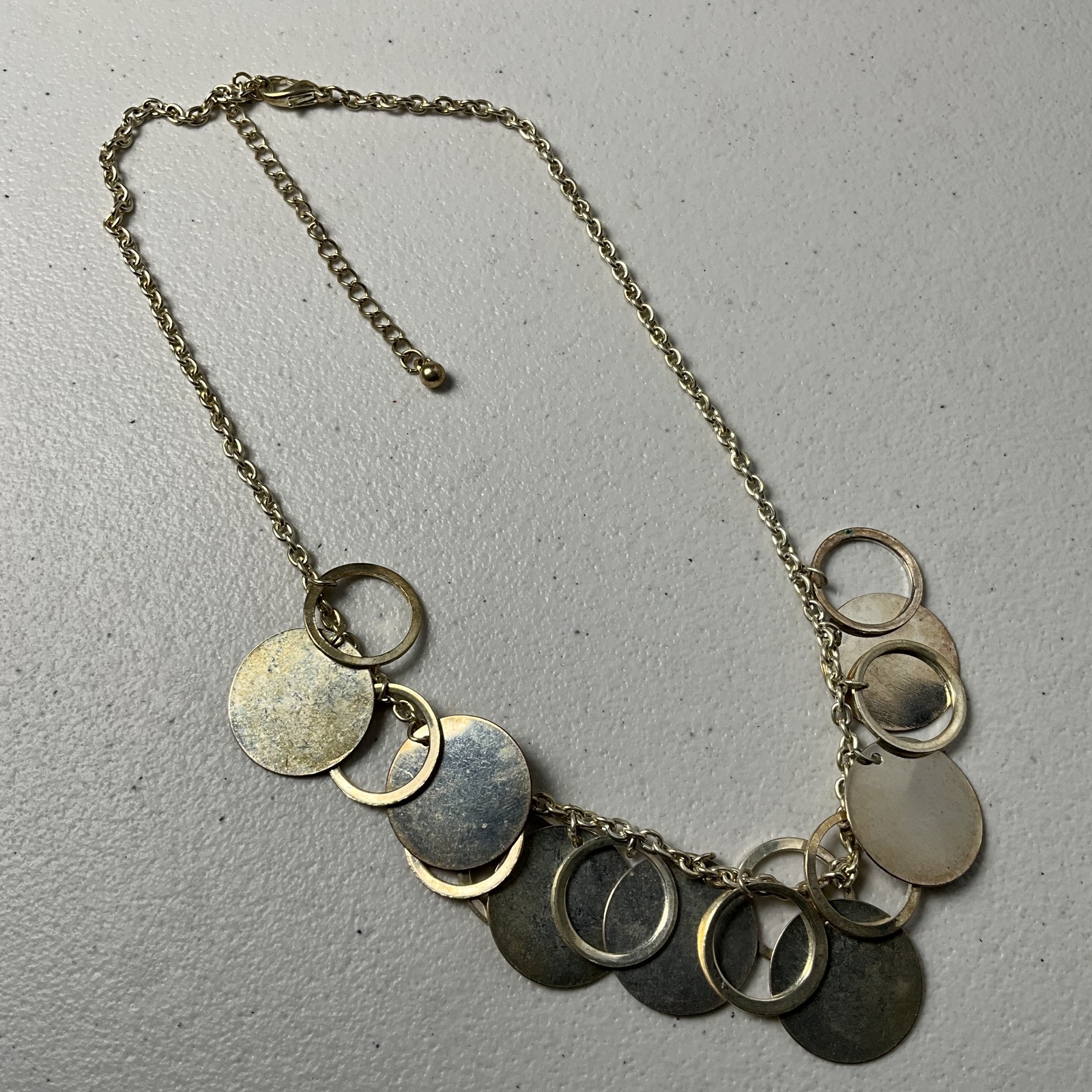 Gold Tone Disc & Ring Dangle Statement Necklace Fashion Jewelry Adjustable Chain