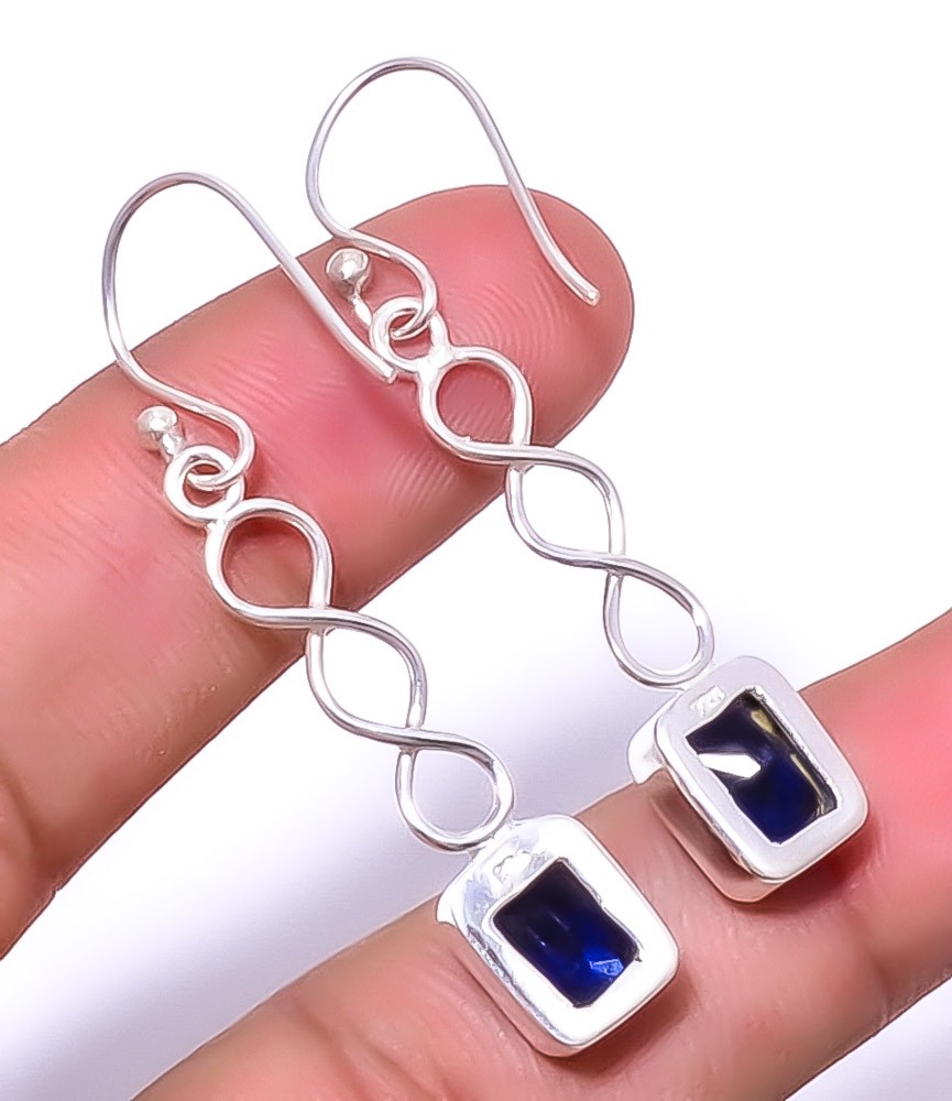 Blue Sapphire (Lab-Created) Handmade Silver Plated Spiral Earring 1.79″ A3