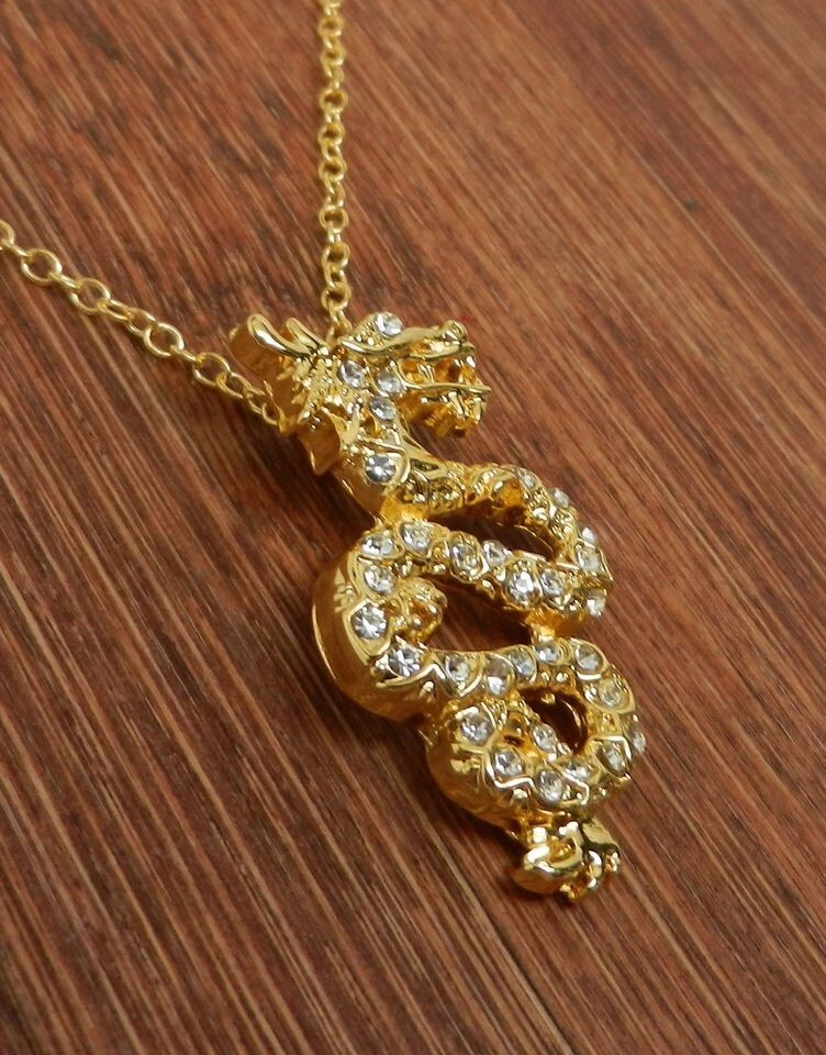 Chinese Lunar New Year Gold Tone With Faux Diamonds Dragon Pendant 20″ Necklace