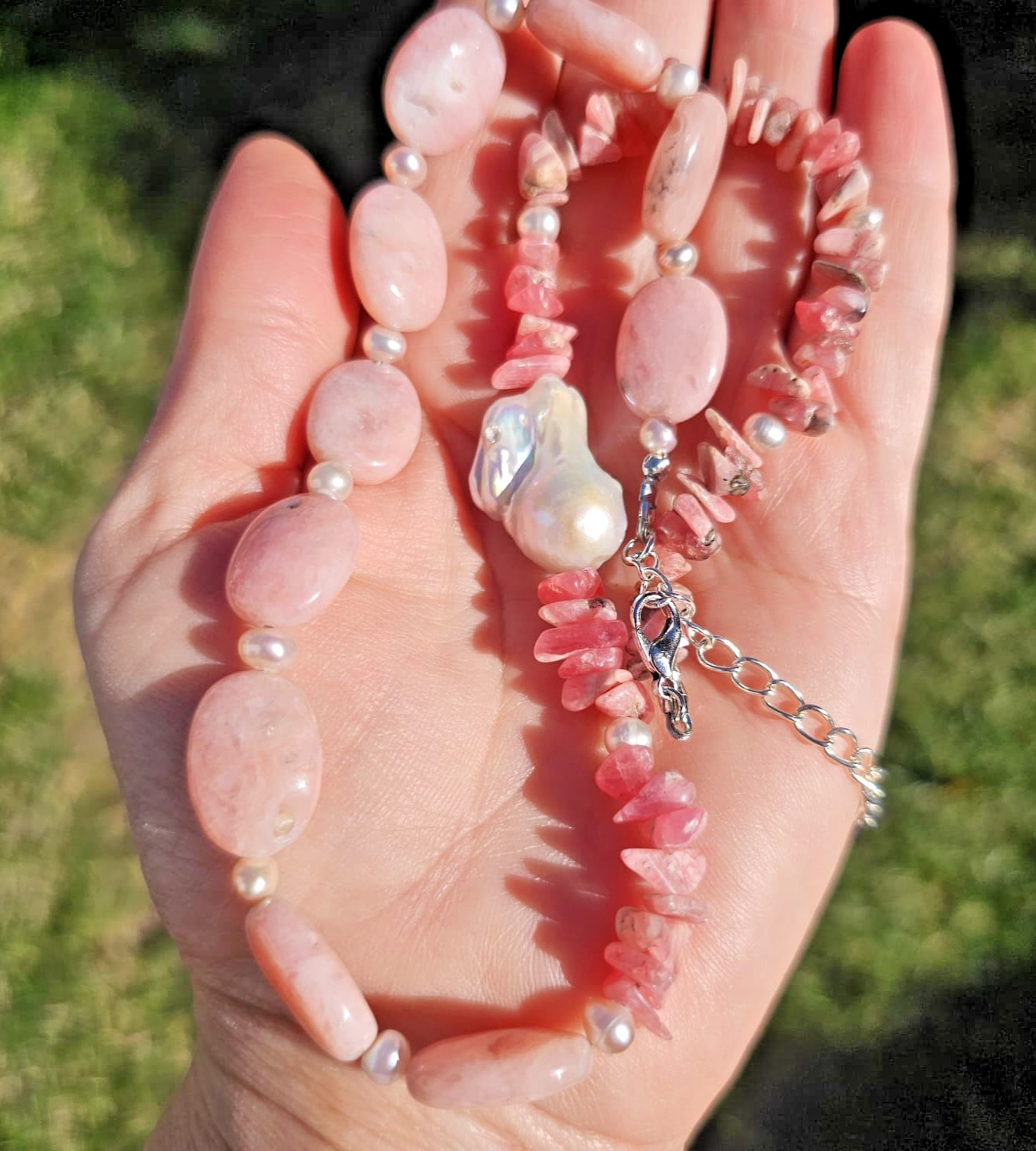 Baroque Pearl, Rose Opal, and Rhodochrosite Beaded Necklace, 20.5 in