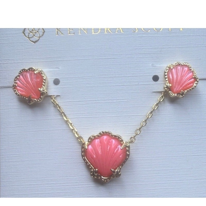 Kendra Scott, seashell necklace, earring, set, gold, and pink