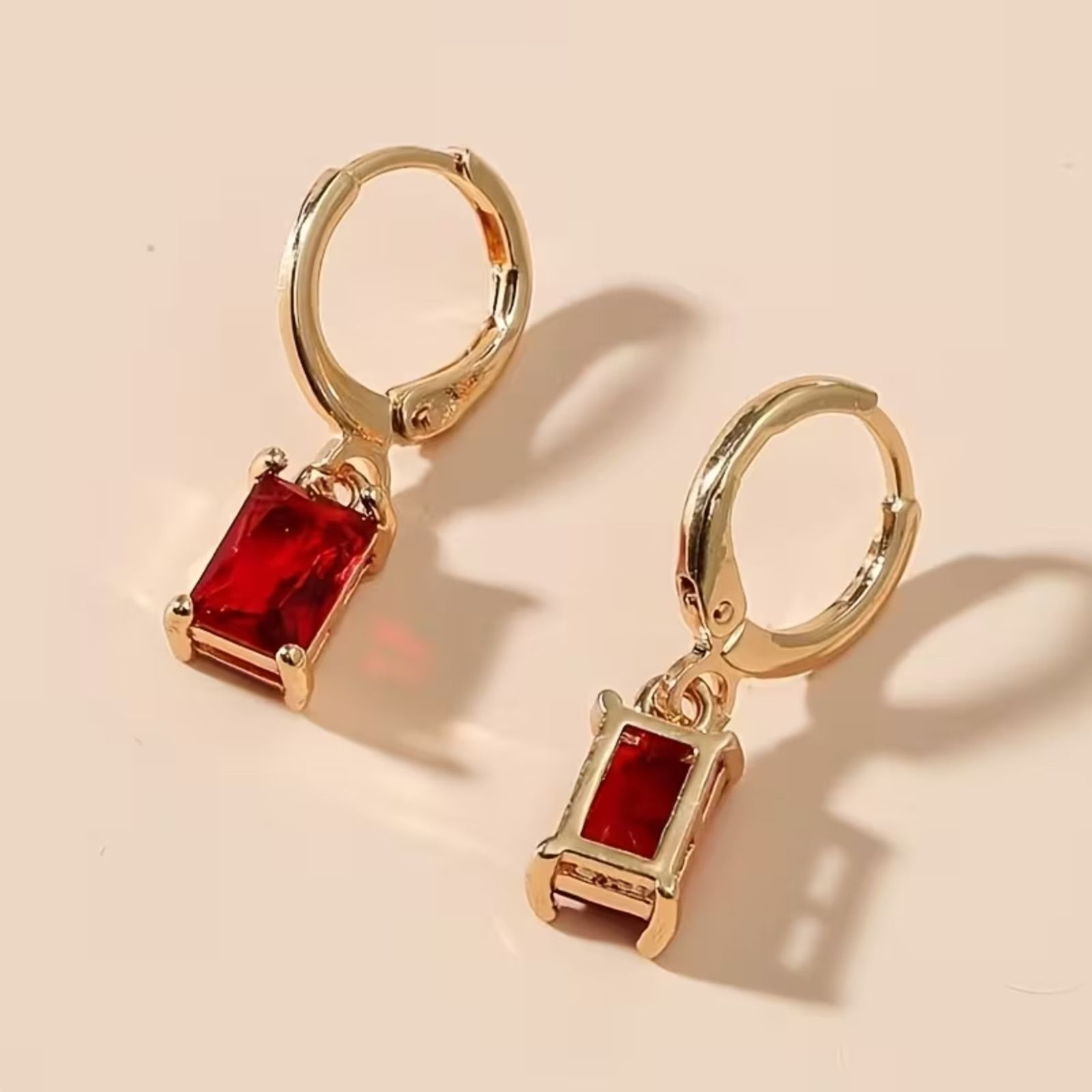 Red Emerald Cut Zirconia Crystal Drop Earrings Gold Hoop Dangle Gemstone Pendant